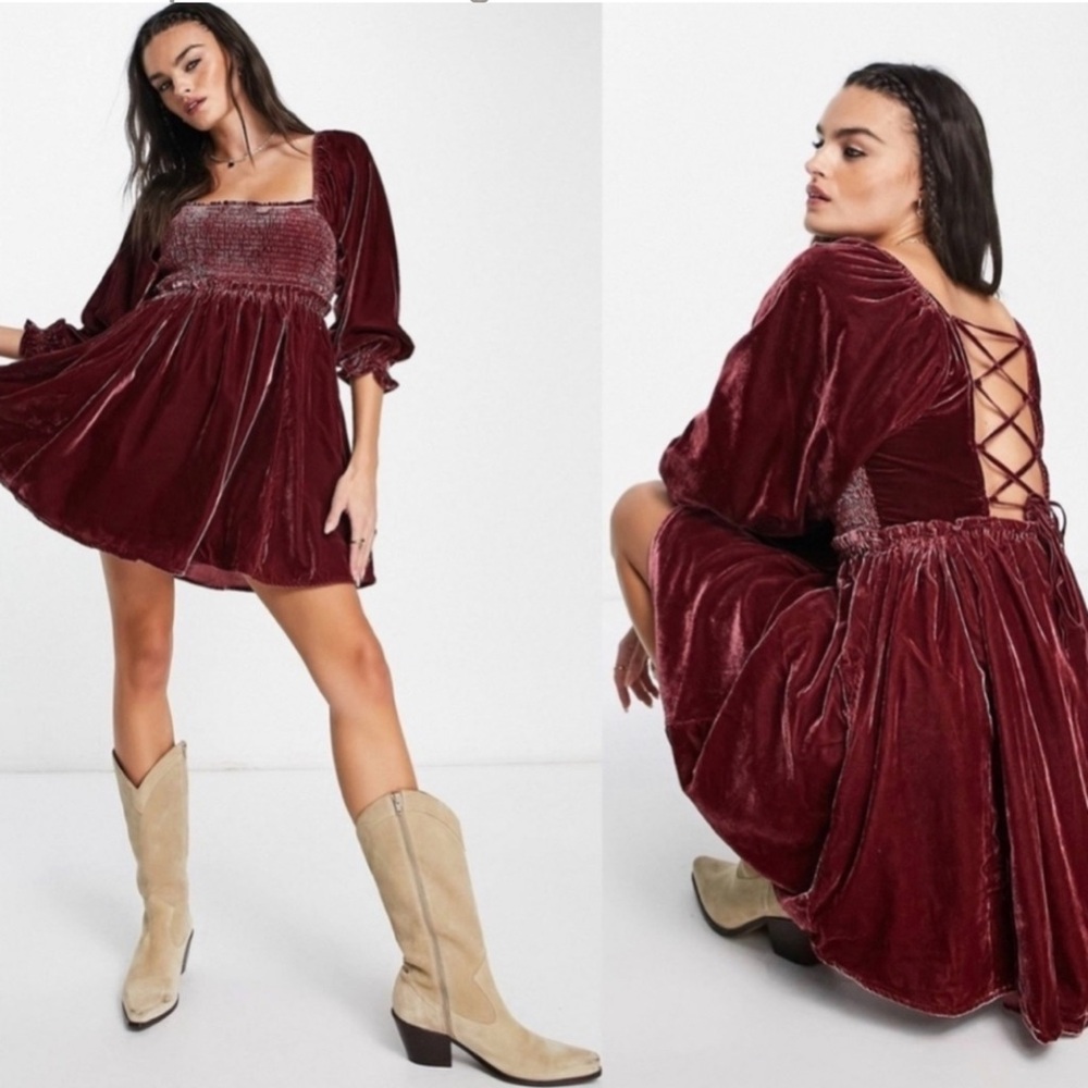 Free People Daphne Boho Velvet Mini Dress in Roan Rouge Lace Back Sz S Boho-Chic